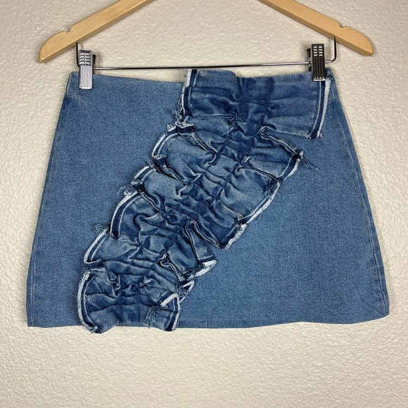 Zara Denim Mini Skirt Ruffle Detail Women’s Size XS - Picture 2 of 7
